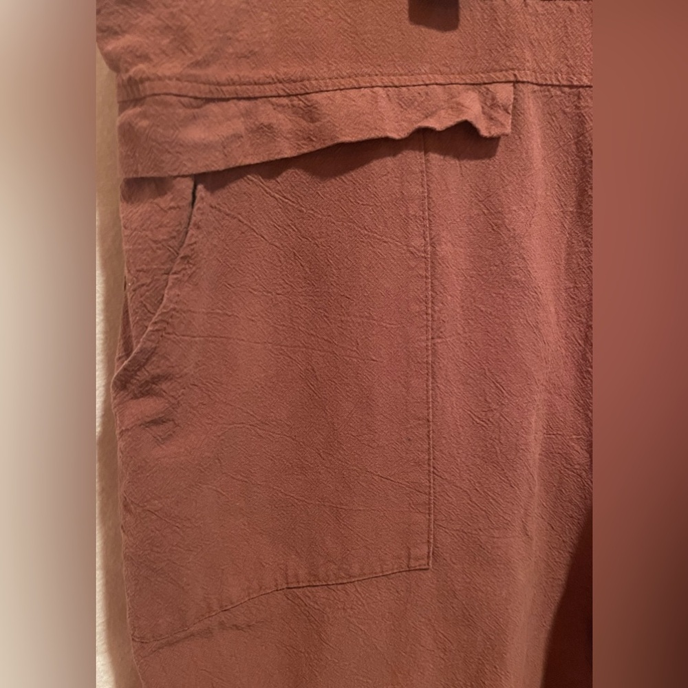 Rust Brown Linen Blend Overalls with Pockets - Picture 3 of 7
